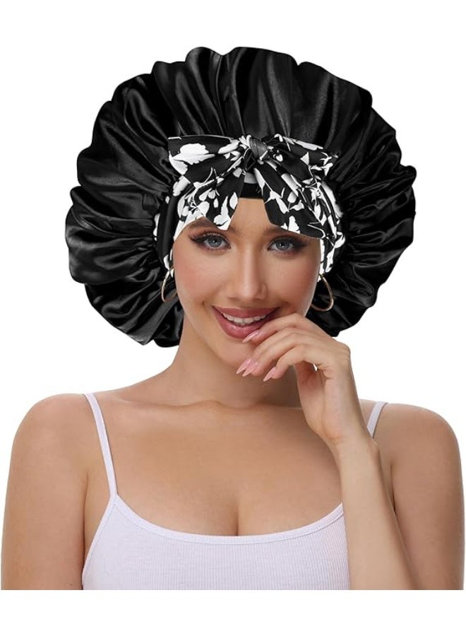 olayks 4 Pcs Printing Silk Hair Bonnet Nightcaps,With Wide Edge Ribbon,Tie Satin Lined,Sleep Shower Cap Hair Care Cover,For Women's Unisex Curls Natural Hair Personal Care - Image 2